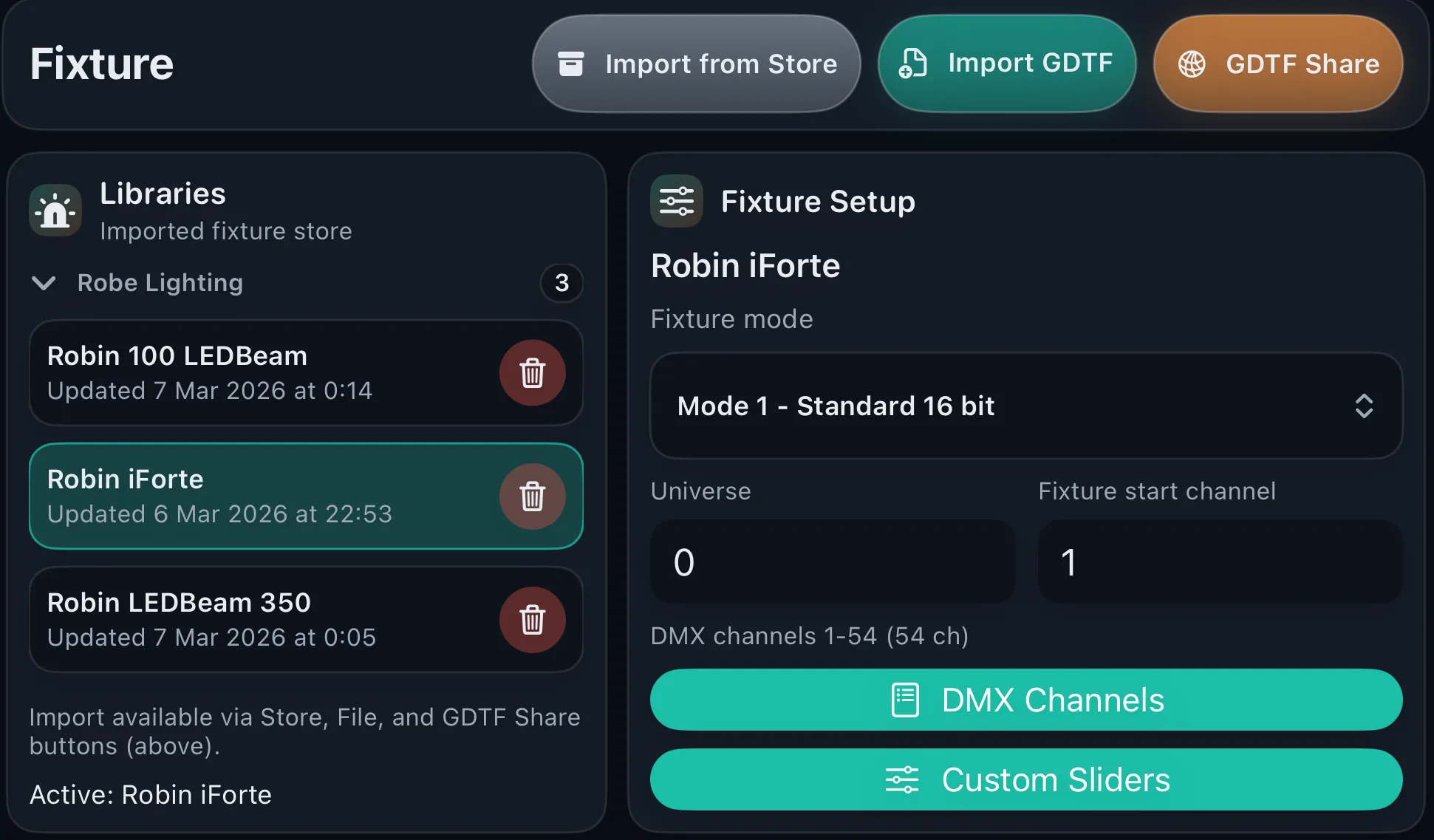 Fixture control screen
