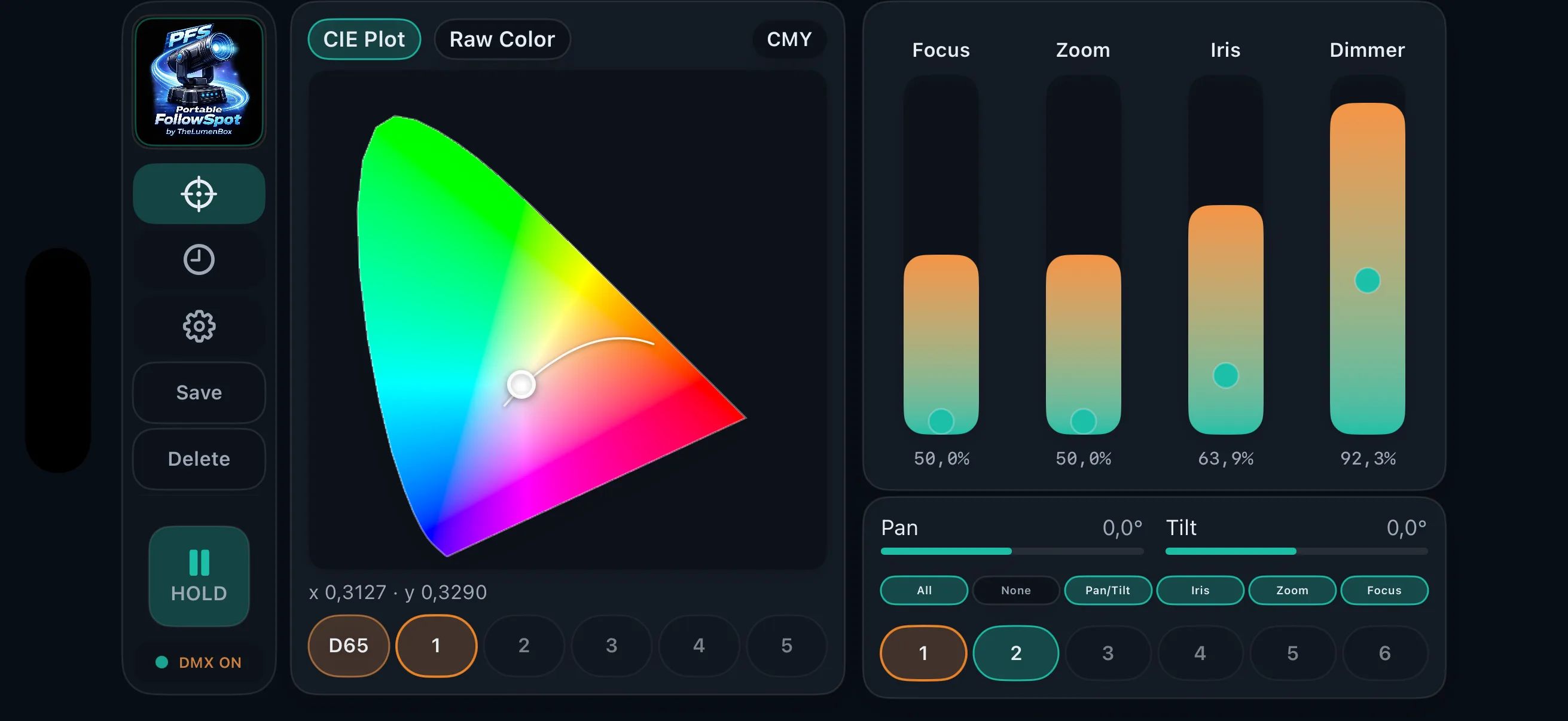 PFS PortableFollowSpot live screen