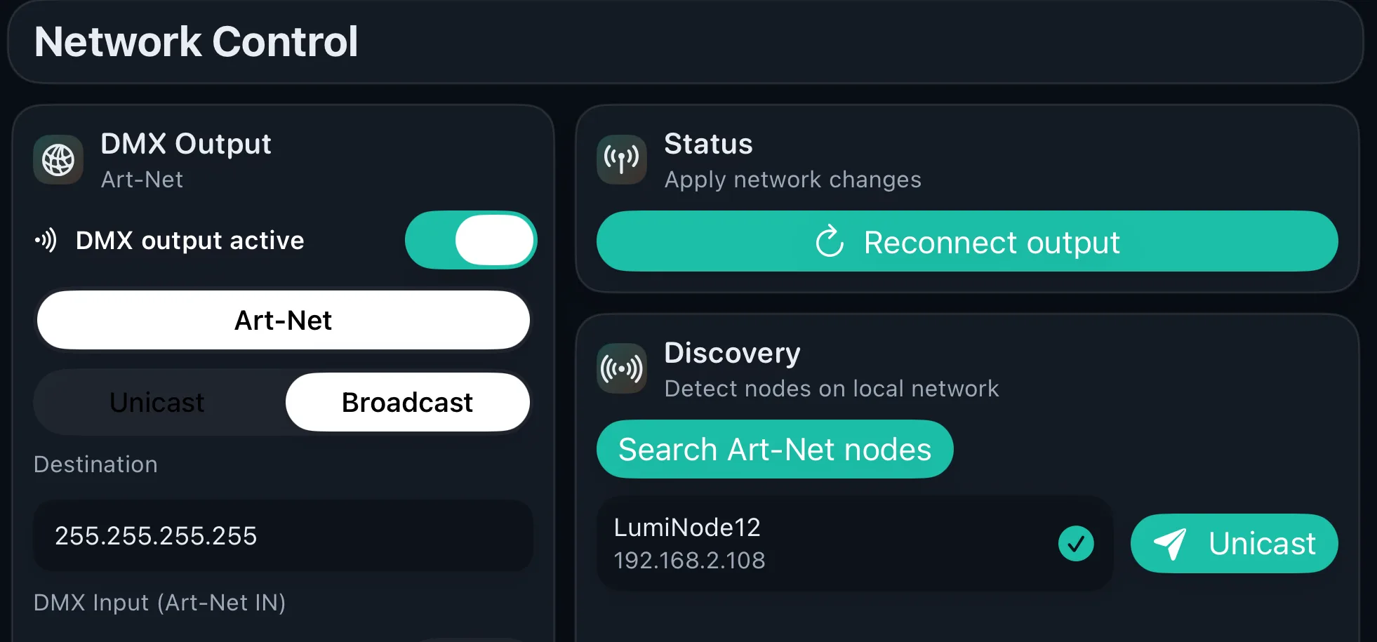 Art-Net setup screen